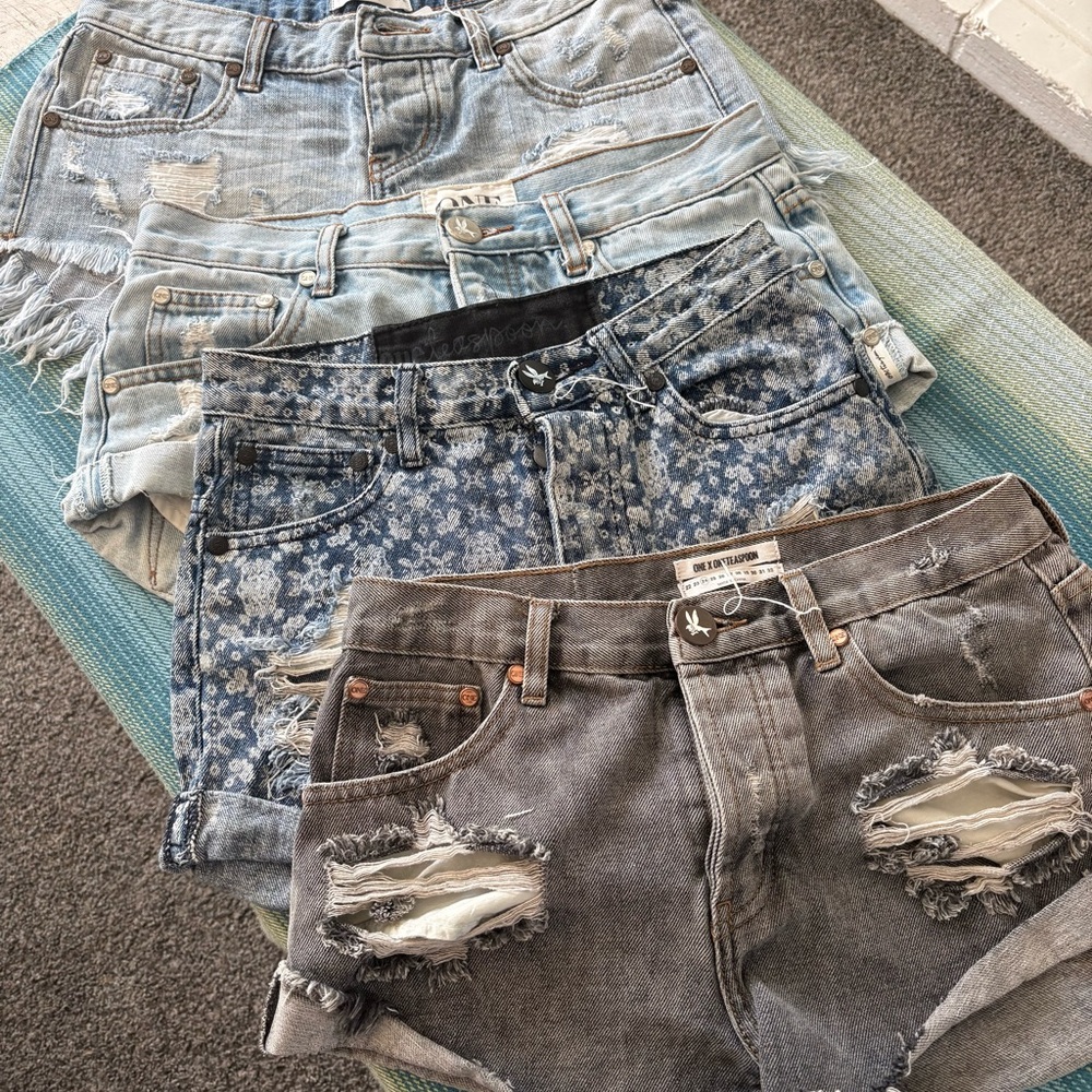 One Teaspoon Distressed Denim Shorts in Blue and Gray